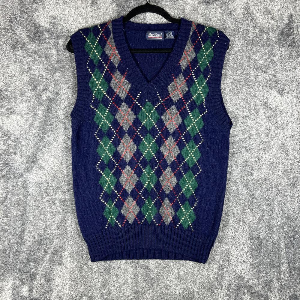 Par Four Sweater Vest Mens M Blue Argyle V-Neck Wool Acrylic Knit Pullover